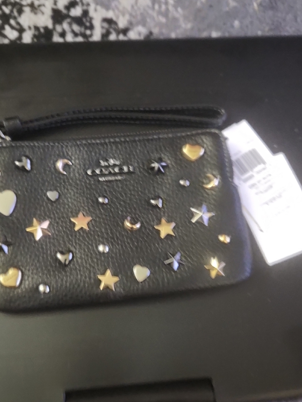 Coach Black Pebbled Leather Wristlet with Mixed Metal Star & Heart Studs - Picture 2 of 6